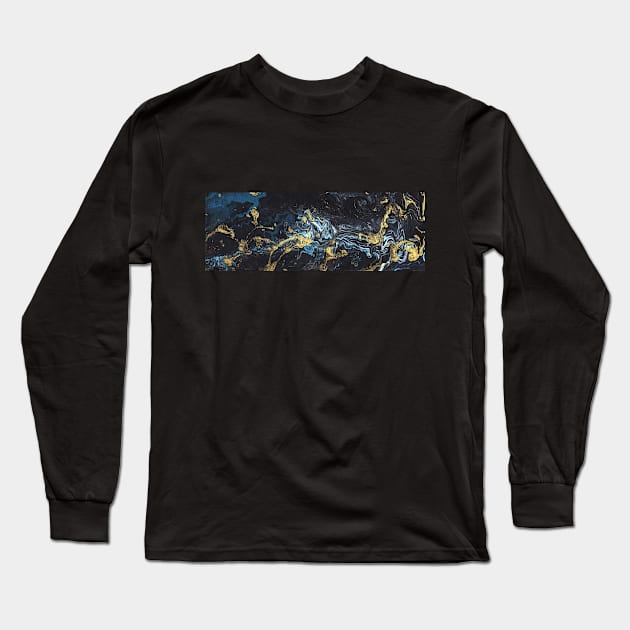 Liquid art. Abstract black-blue-gold background with hand-painted marble texture. Best for the print, fabric, poster, wallpaper, cover and packaging, wrapping paper. Christmas holiday mood. Long Sleeve T-Shirt by Olesya Pugach